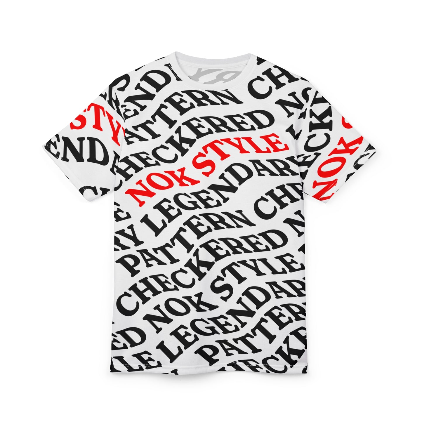 Front view of the NOKSTYLE Checkered Legends adult t-shirt featuring a unique checkered-inspired text pattern in black and red.