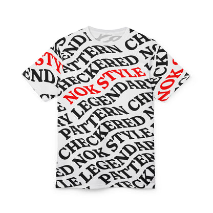 Front view of the NOKSTYLE Checkered Legends adult t-shirt featuring a unique checkered-inspired text pattern in black and red.