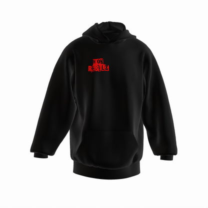 Front view of black Street Rebelz adult hoodie with NOK Rebelz logo on the chest.