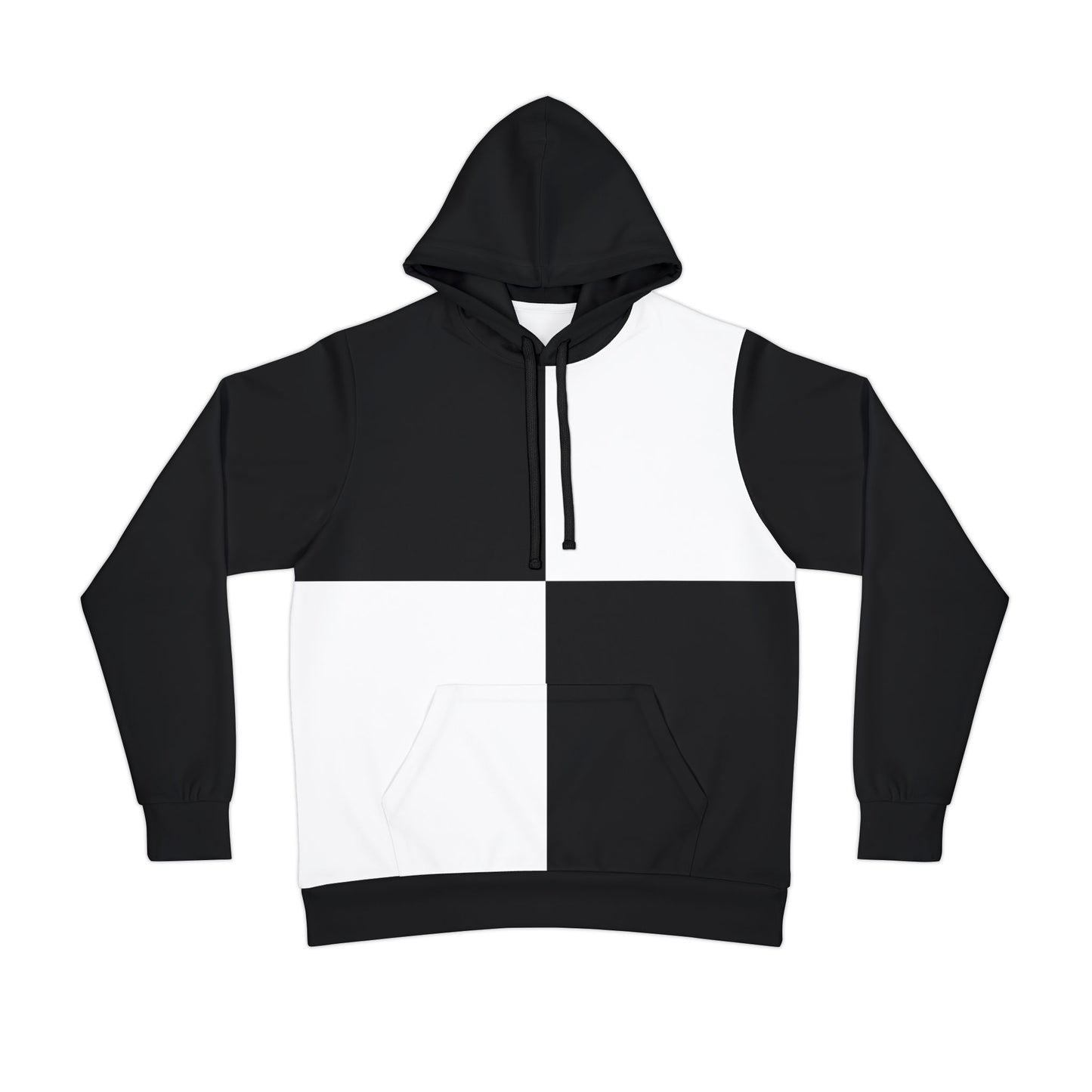 Black hoodie with a minimalist front design showcasing a classic two-tone style in black and white.