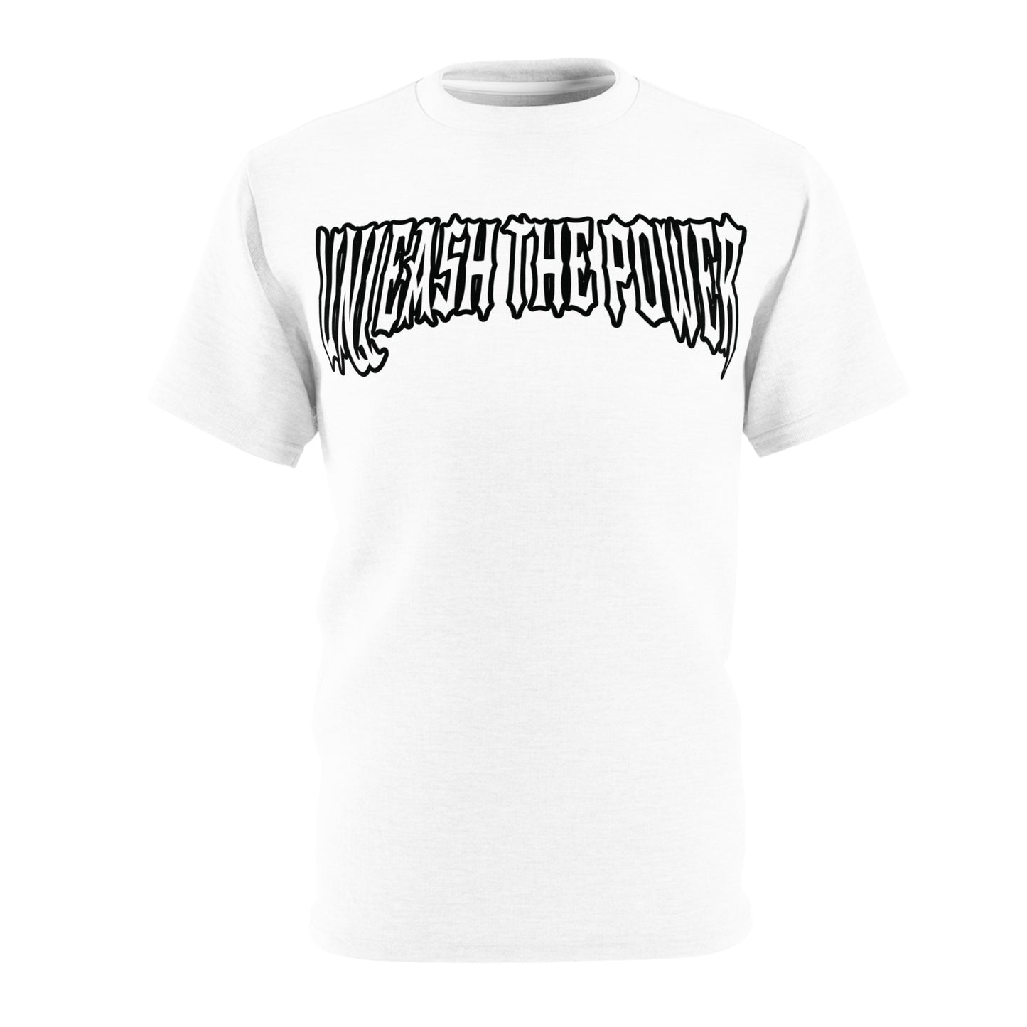 Front view of white T-shirt with "Unleash the Power" in bold lettering, NOKSTYLE FURY design.