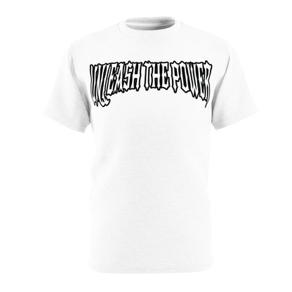 Front view of white T-shirt with "Unleash the Power" in bold lettering, NOKSTYLE FURY design.
