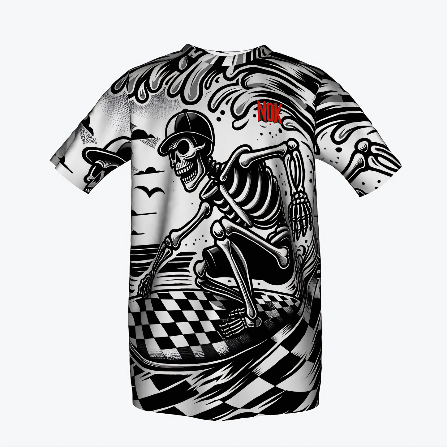 Kids Skeleton Surfer T-Shirt featuring a dynamic black and white design with a skeleton surfing on a checkered wave, surrounded by stylized waves and birds, NOK STYLE.