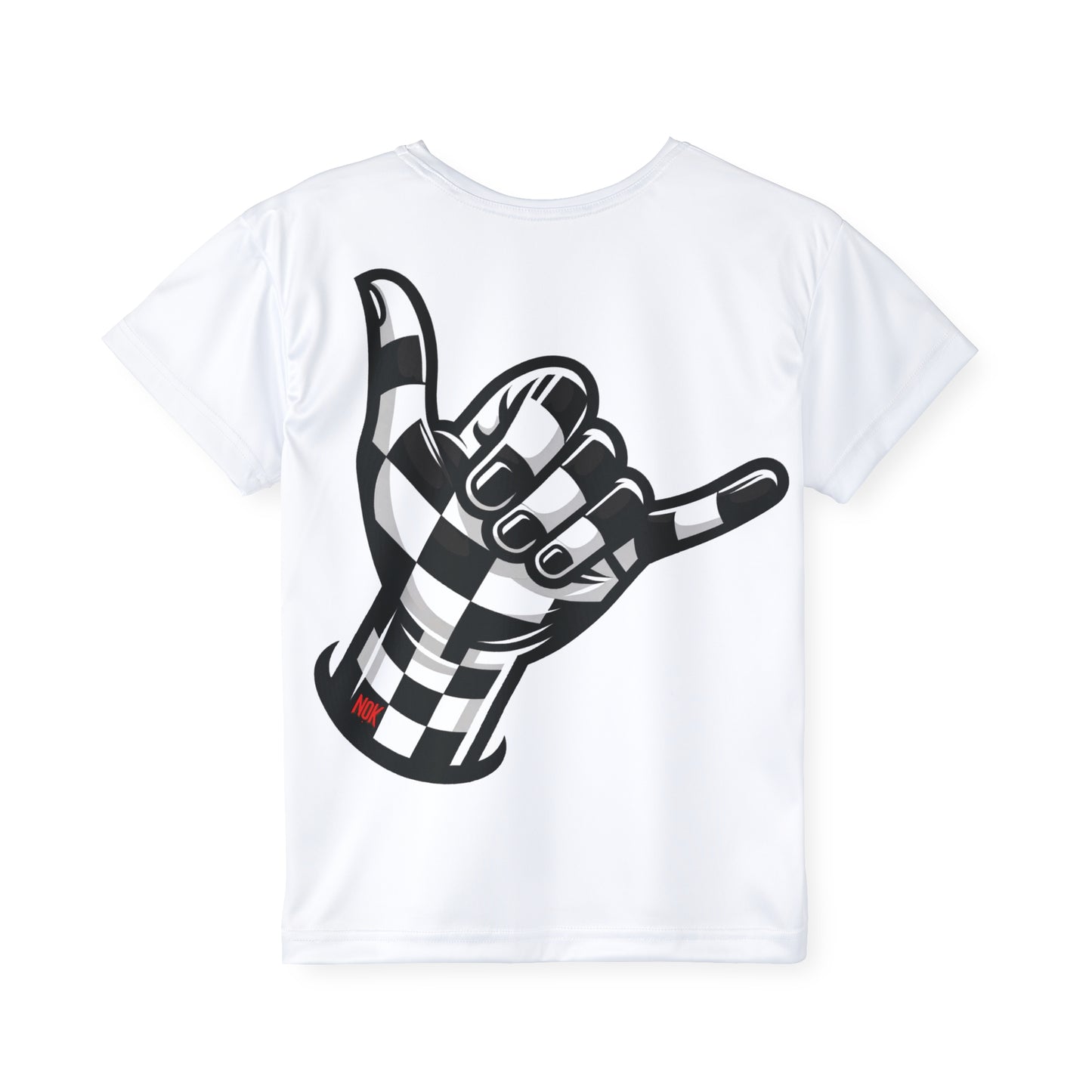 Back view of kids white T-shirt showcasing a large black and white checkered shaka hand graphic with 'NOK' branding.