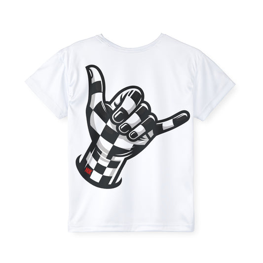Back view of kids white T-shirt showcasing a large black and white checkered shaka hand graphic with 'NOK' branding.