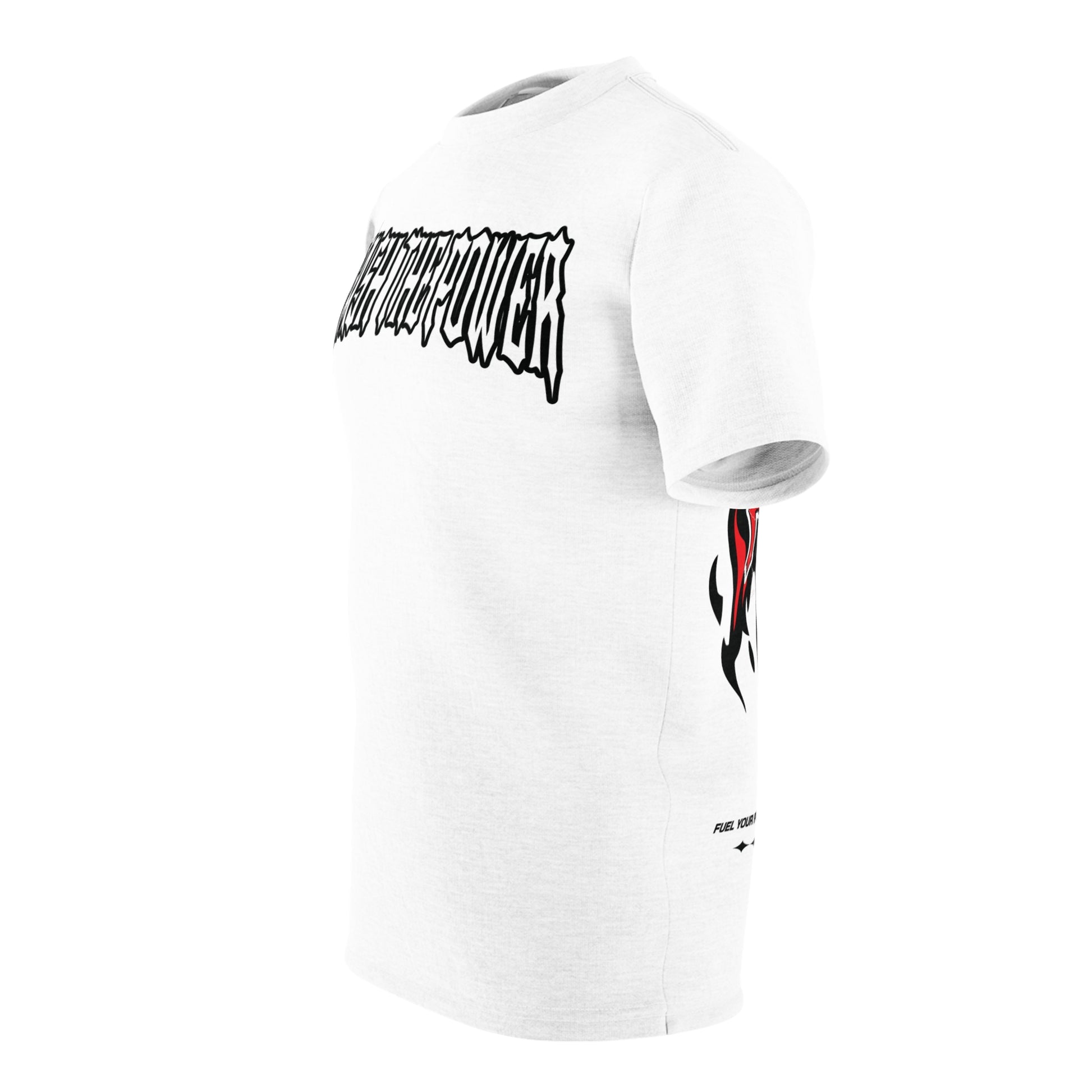 Left side view of NOKSTYLE Unleash the Power T-shirt with flame-inspired FURY back design.
