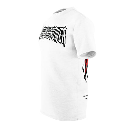 Left side view of NOKSTYLE Unleash the Power T-shirt with flame-inspired FURY back design.
