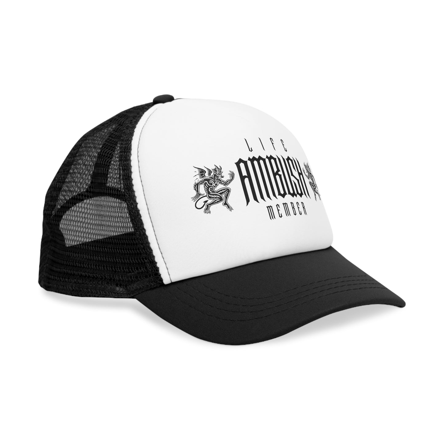 Side view of the Life Ambush Member trucker cap featuring a breathable black mesh back and a striking gothic font design with DEVIL on the white front panel.