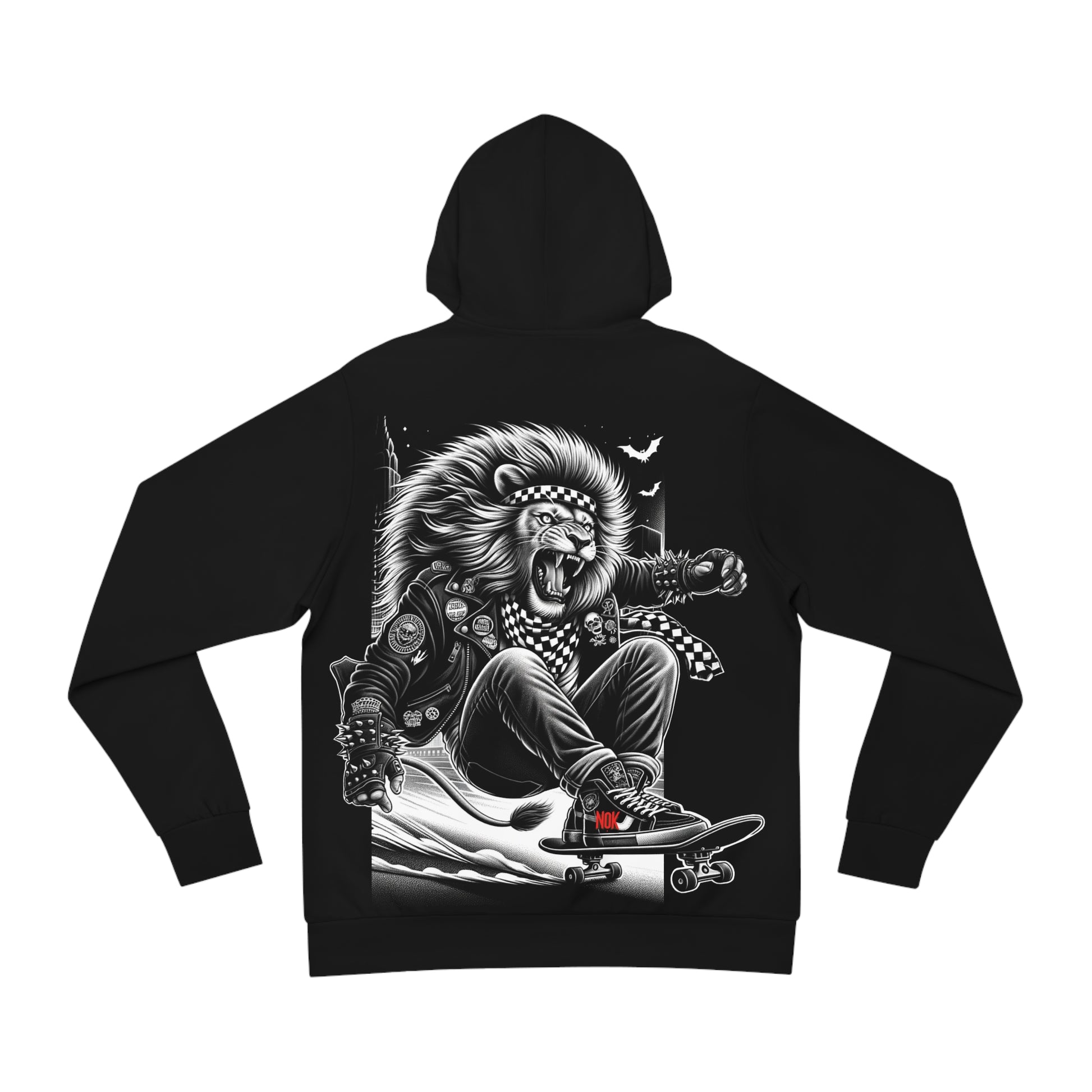 Flat lay of a black hoodie with an elaborate lion skateboarder graphic, featuring dynamic details and a streetwear-inspired design.