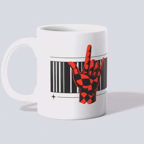 Front view of the 'Love Loud, Live Bold' coffee mug featuring a bold design with red checkered hand and empowering text.