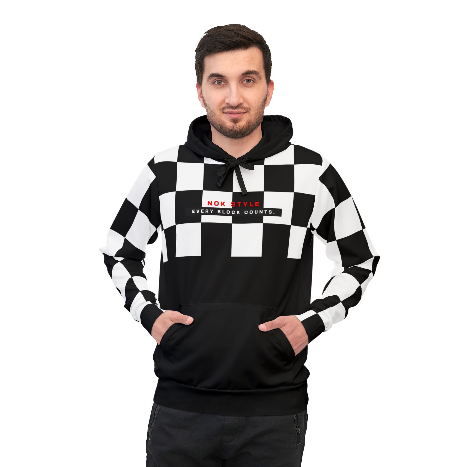 Front view of a man wearing the NOKSTYLE checkered hoodie featuring the slogan 'Every Block Counts' for a unique streetwear look.