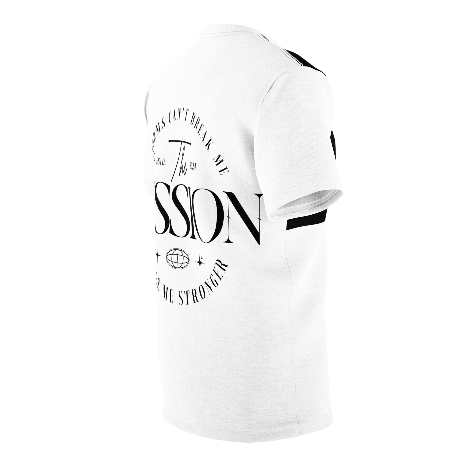 Right side view of a white T-shirt with sleek black and white design elements and motivational text visible on the back.