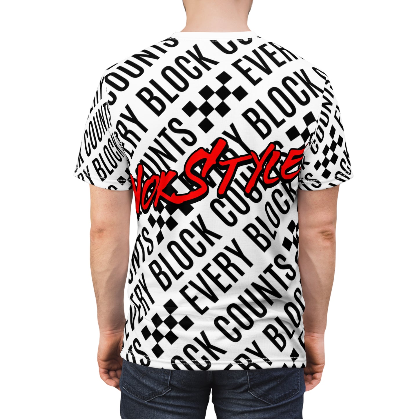 Back view of a NOKSTYLE t-shirt featuring red NOKSTYLE logo and 'Every Block Counts' checkered pattern.