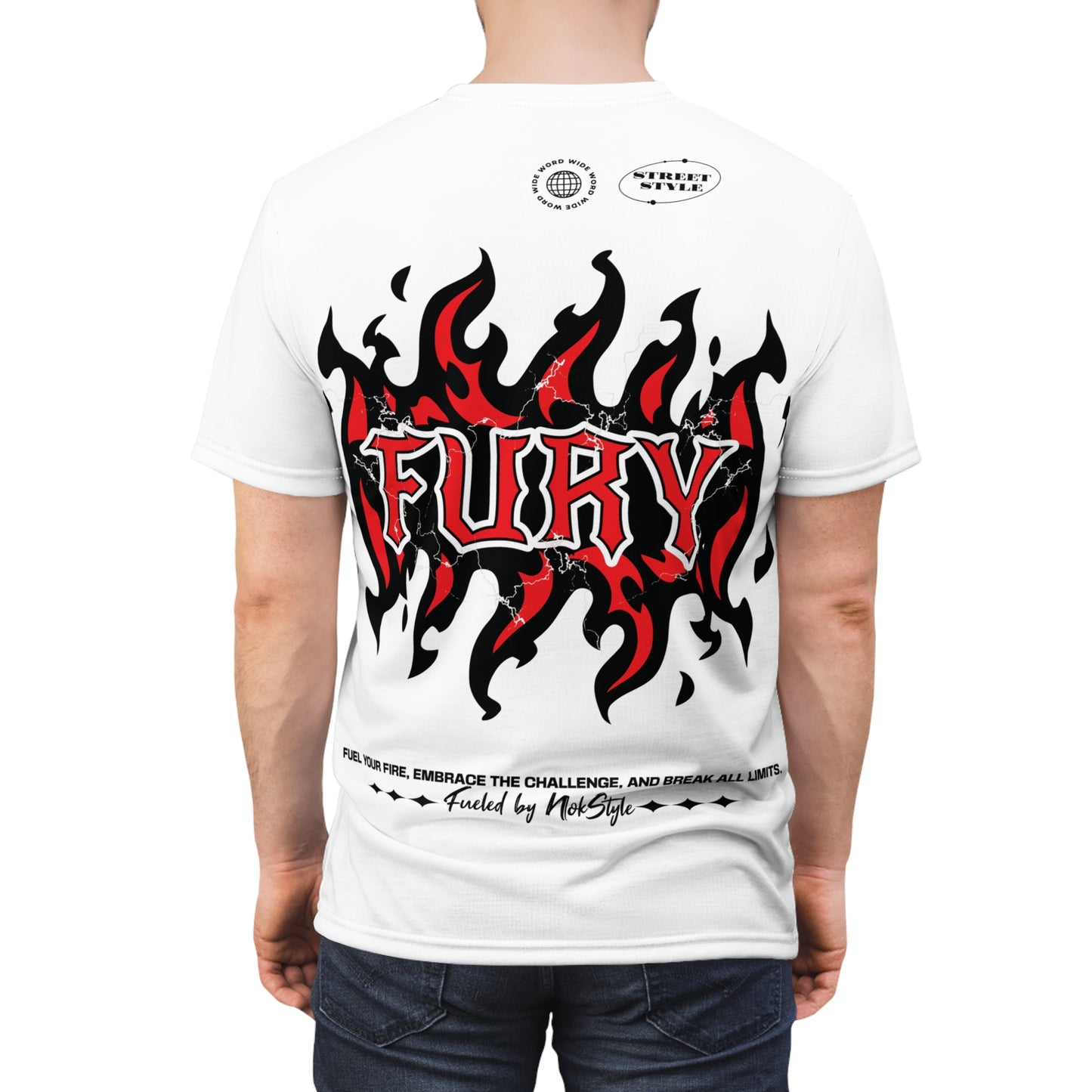 Model showcasing back of NOKSTYLE FURY T-shirt with red flames and "FURY" text.