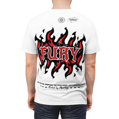 Model showcasing back of NOKSTYLE FURY T-shirt with red flames and "FURY" text.