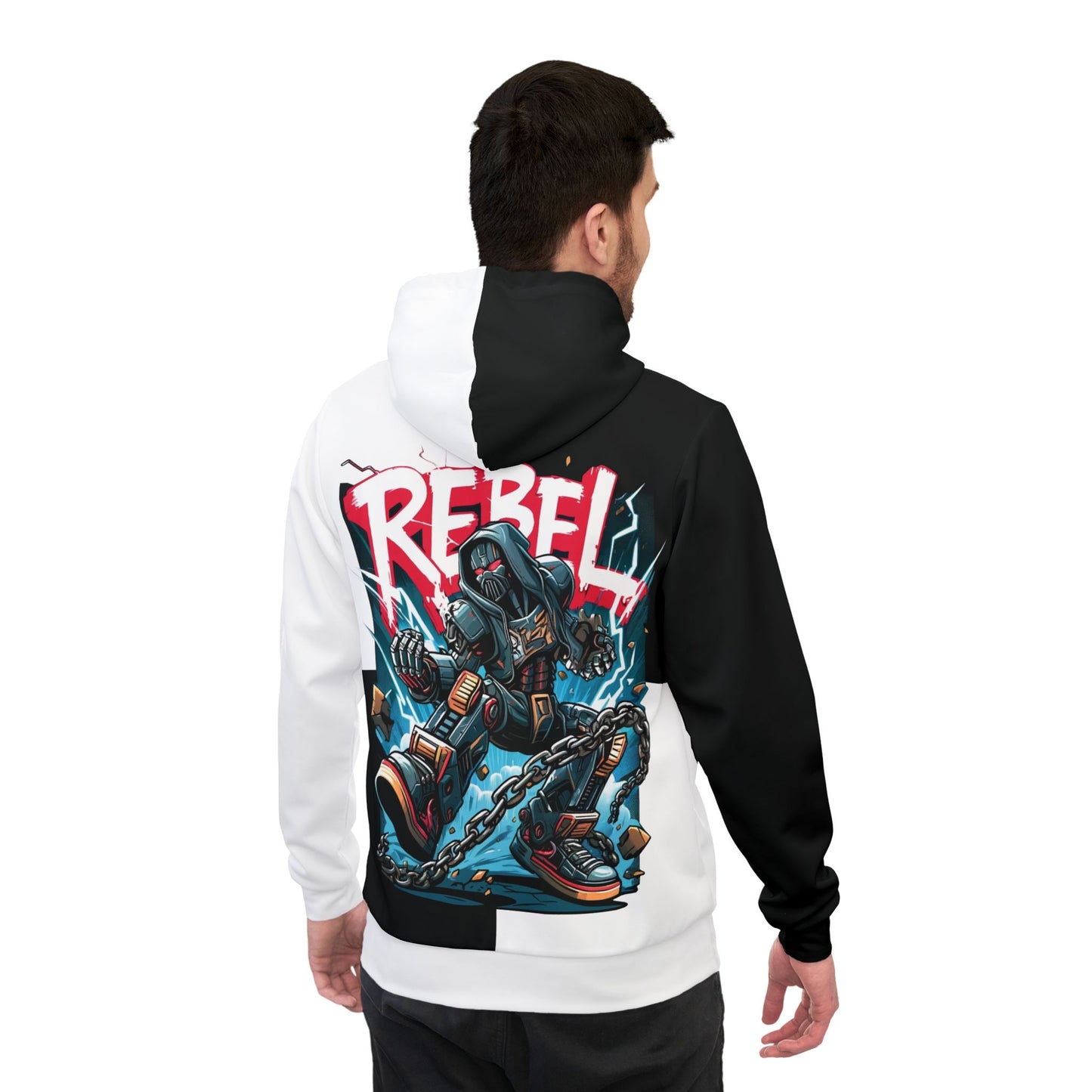 Model showcasing the back view of the Rebel hoodie, highlighting the powerful "Rebel" graphic.