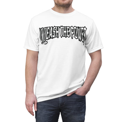 Model wearing NOKSTYLE T-shirt with "Unleash the Power" text on the front.