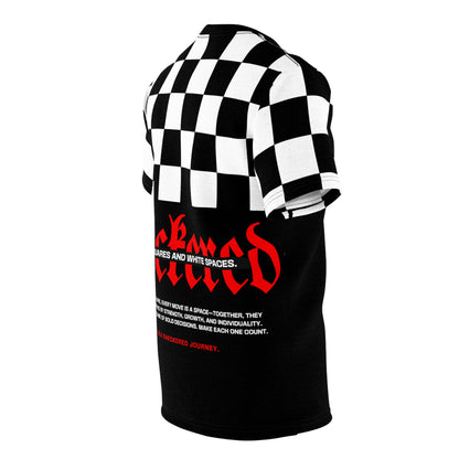 Flat right-side view of the Checkered Victory T-shirt featuring clean black and white checkered blocks and the striking red 'CHECKERED' graphic on the back.