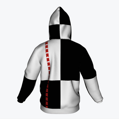 Black and white split design hoodie with NOK red accents, perfect for urban streetwear and fashion-forward individuals.