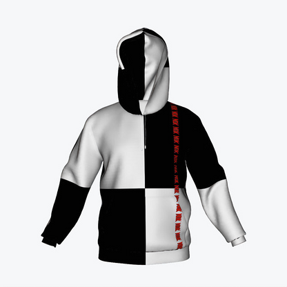 Black and white split design hoodie with NOK red accents, perfect for urban streetwear and fashion-forward individuals.