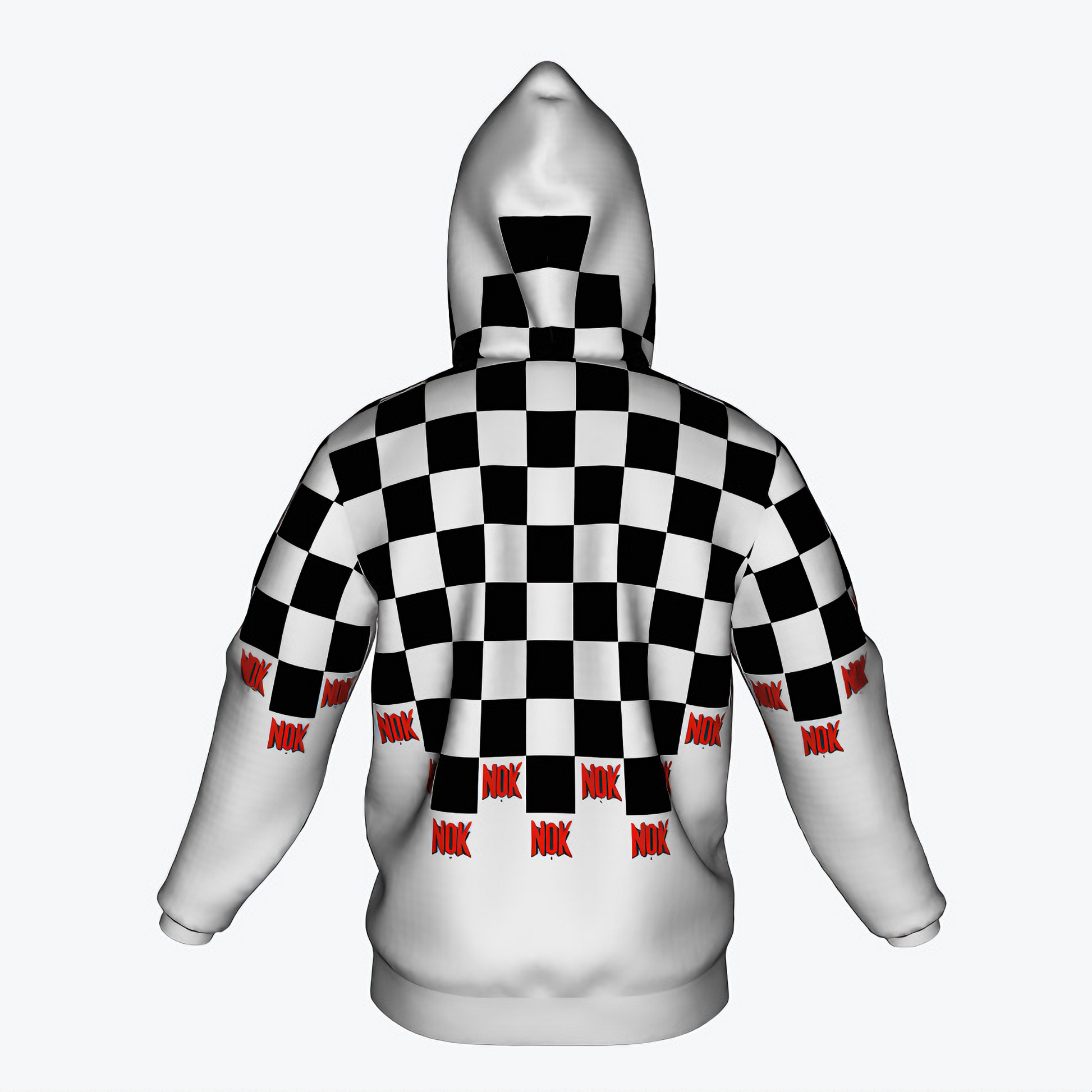 NOK Style Checkered Hoodie for Adults - Black and White Checkered Pattern with Red NOK Branding on Back and Front