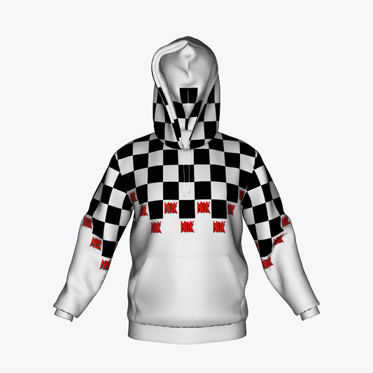 NOK Style Checkered Hoodie for Adults - Black and White Checkered Pattern with Red NOK Branding on Back and Front