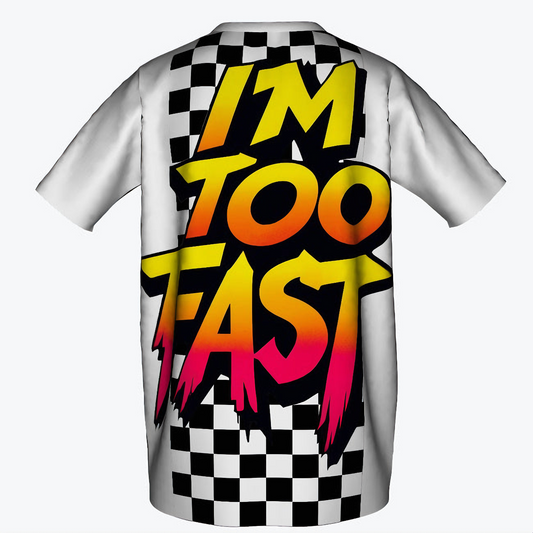 Kids' t-shirt featuring a black and white checkered pattern with bold red 'NOK' text on the front and a vibrant 'I'm Too Fast' graphic in yellow and pink on the back.