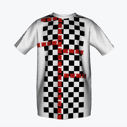 Kids' t-shirt featuring a black and white checkered pattern with bold red 'NOK' text on the front and a vibrant 'I'm Too Fast' graphic in yellow and pink on the back.