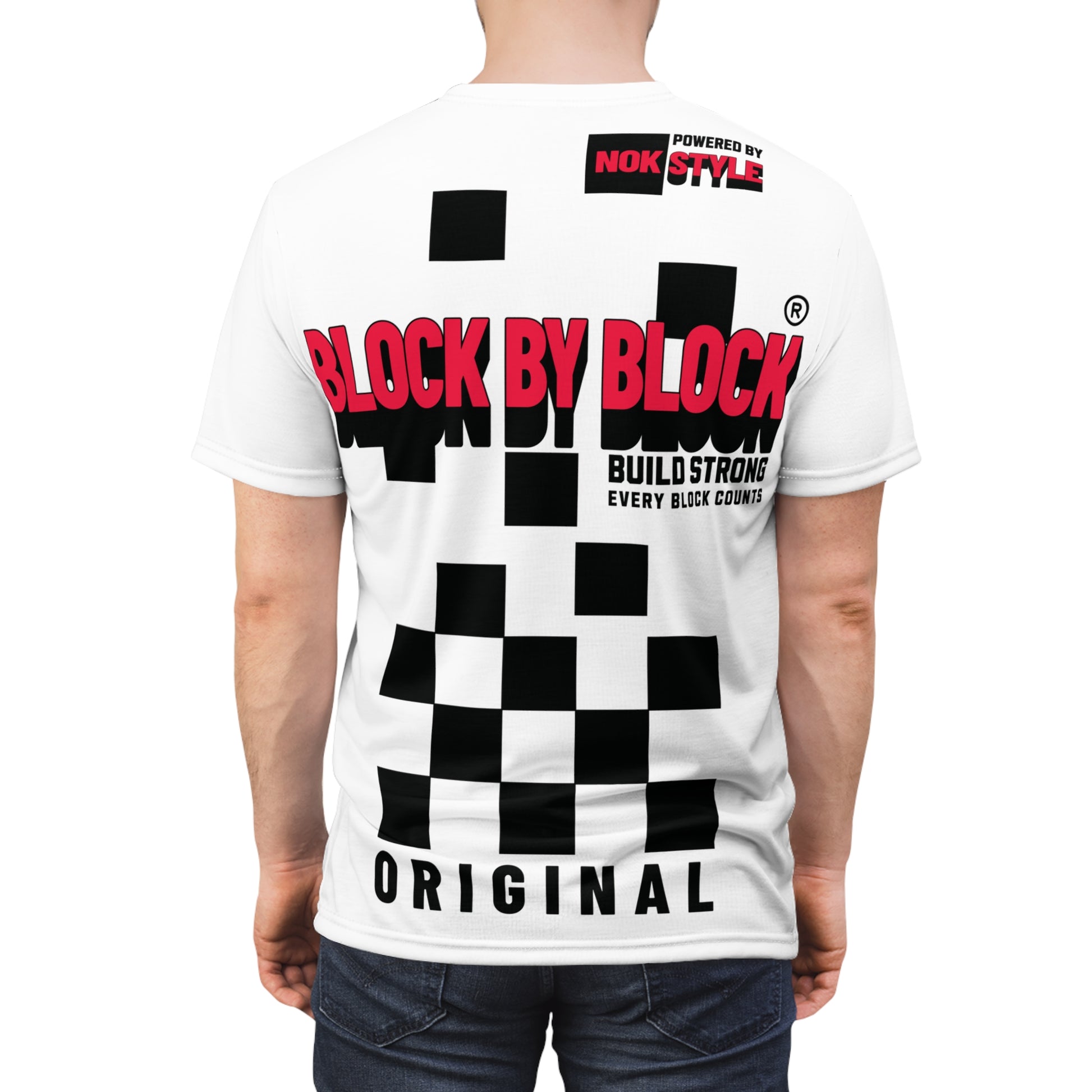 Back view of the NOKSTYLE Block by Block T-Shirt for adults, featuring bold black and red checkered graphics, NOKSTYLE branding, and modern streetwear design.