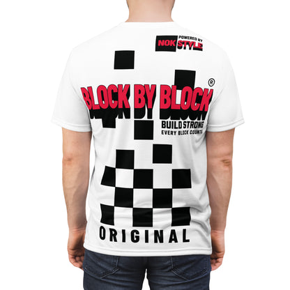 Back view of the NOKSTYLE Block by Block T-Shirt for adults, featuring bold black and red checkered graphics, NOKSTYLE branding, and modern streetwear design.