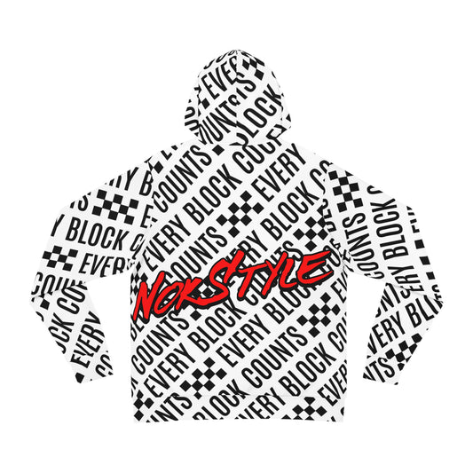 Flat layout of the NOKSTYLE hoodie back design featuring the "Every Block Counts" pattern in black and white.