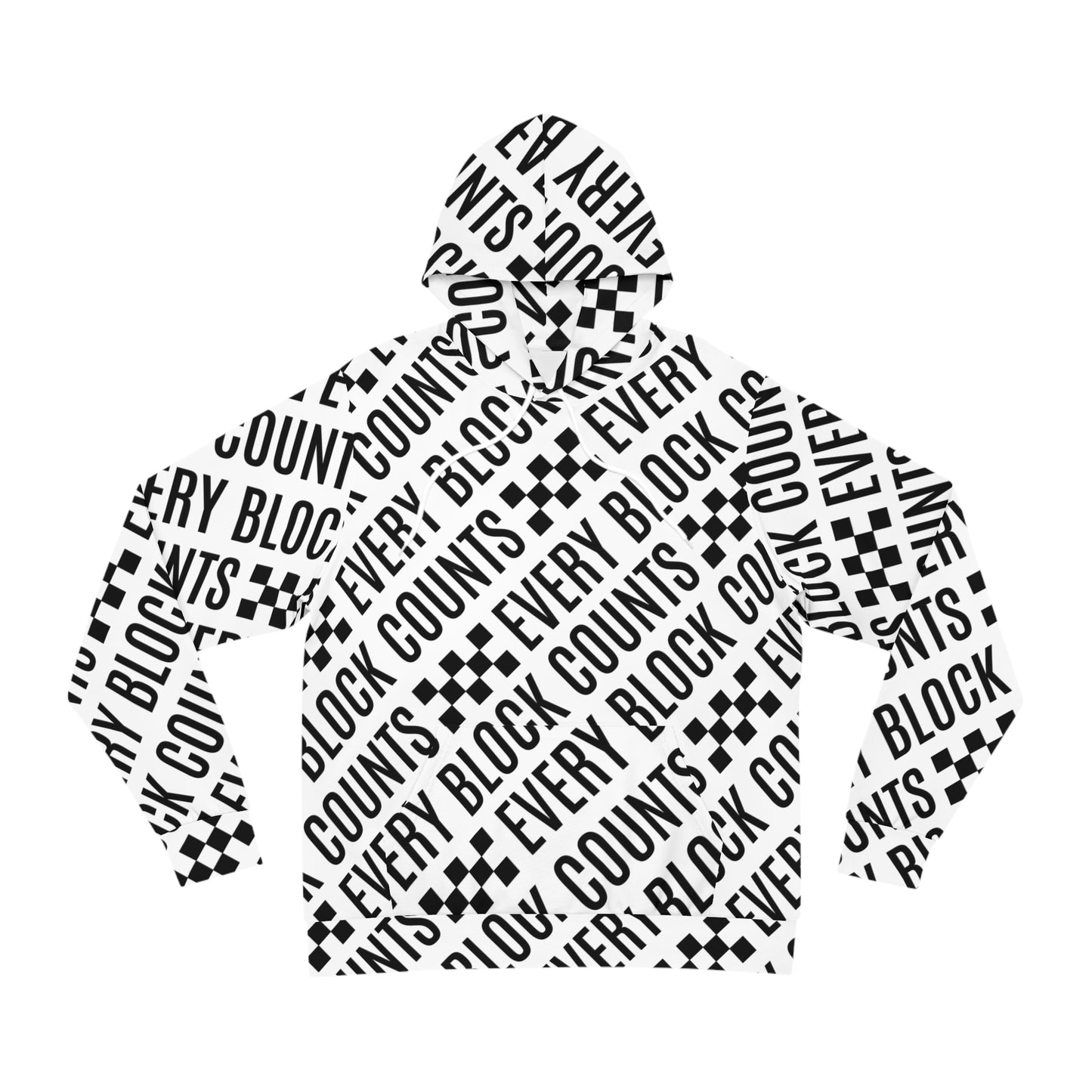 Flat layout of the NOKSTYLE hoodie front design showing the "Every Block Counts" typography and monochrome graphics.