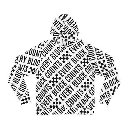 Flat layout of the NOKSTYLE hoodie front design showing the "Every Block Counts" typography and monochrome graphics.