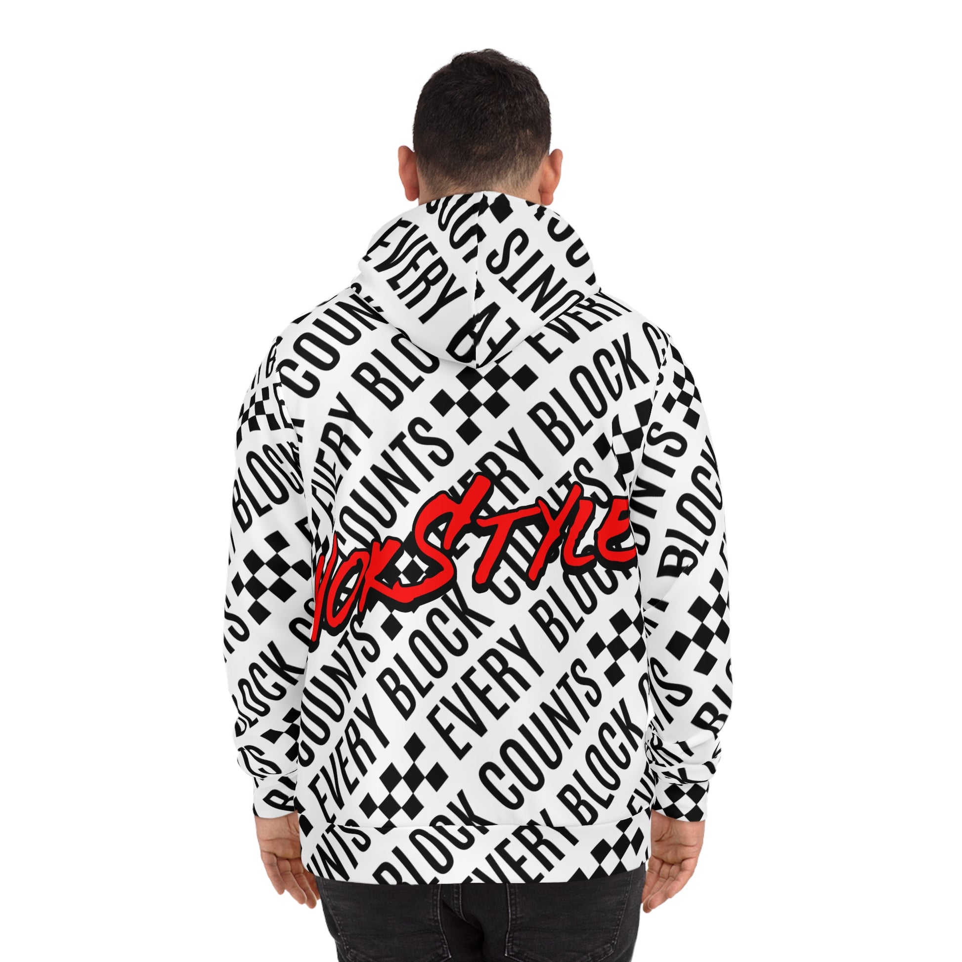 Back view of a NOKSTYLE men's hoodie with bold "Every Block Counts" graphics and a red NOKSTYLE logo accent.
