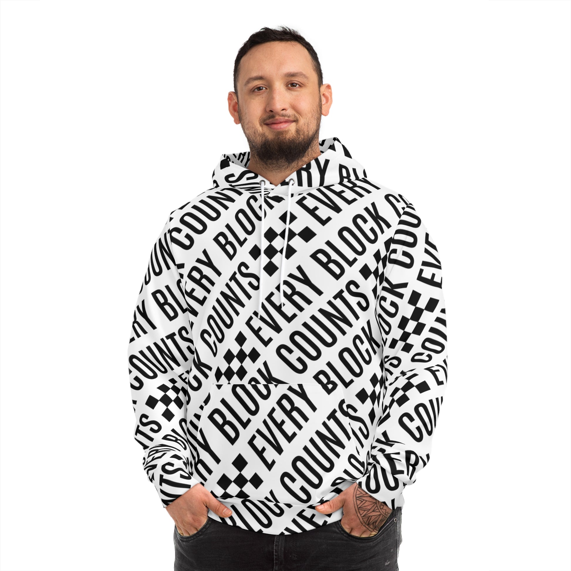 A front view of a NOKSTYLE men's hoodie with "Every Block Counts" graphics, blending streetwear style and checkered patterns.