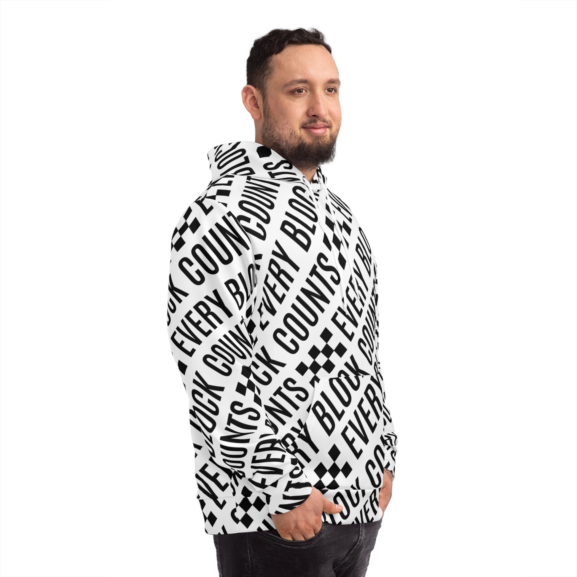 A side view of a NOKSTYLE men's hoodie displaying the "Every Block Counts" design in an edgy monochrome style.