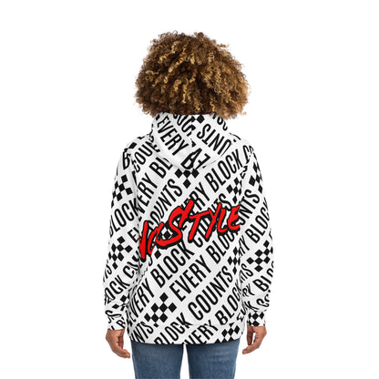 A back view of a NOKSTYLE women's hoodie featuring the "Every Block Counts" design in bold black and white text with a red NOKSTYLE logo.