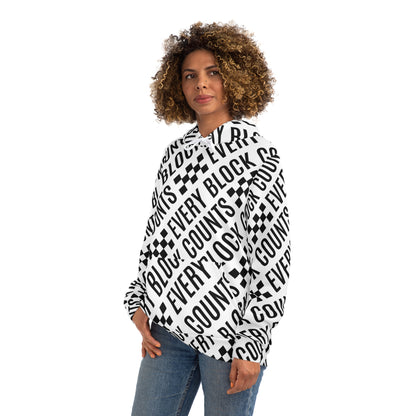 Side view of a NOKSTYLE women's hoodie showcasing the "Every Block Counts" design with striking typography and checkered patterns.
