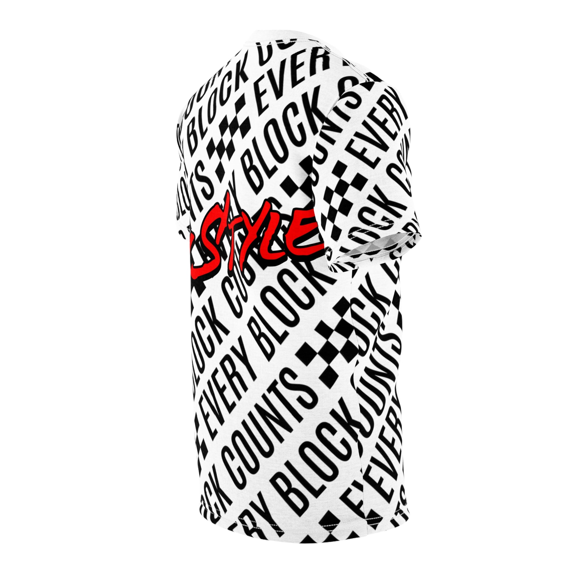 Right side view of a NOKSTYLE t-shirt with bold patterns and red NOKSTYLE logo highlighting the back.