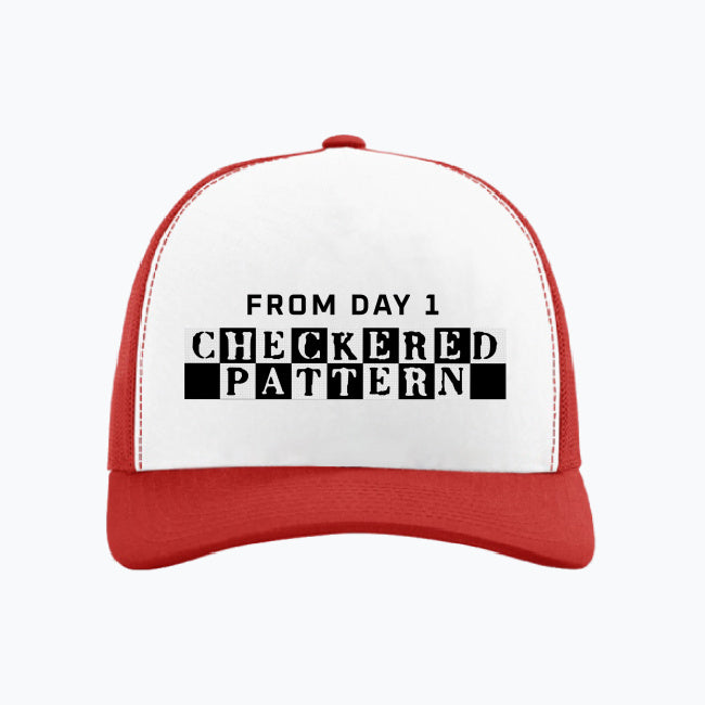 Straight-on view of NOKSTYLE trucker cap with bold 'Checkered Pattern' typography.
