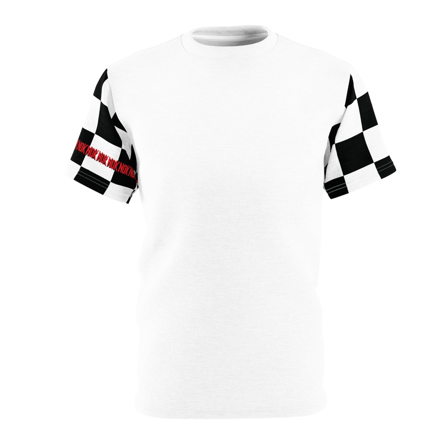 Front view of NOK T-shirt with minimalistic white front and bold checkered sleeves.