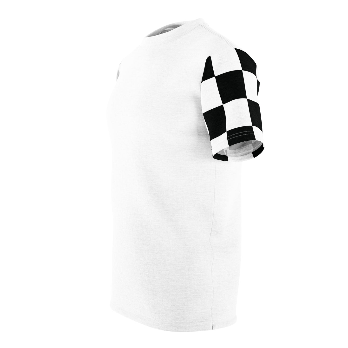 Left side of NOK T-shirt with checkered sleeve pattern and red NOK branding.