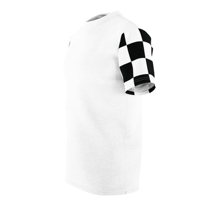 Left side of NOK T-shirt with checkered sleeve pattern and red NOK branding.