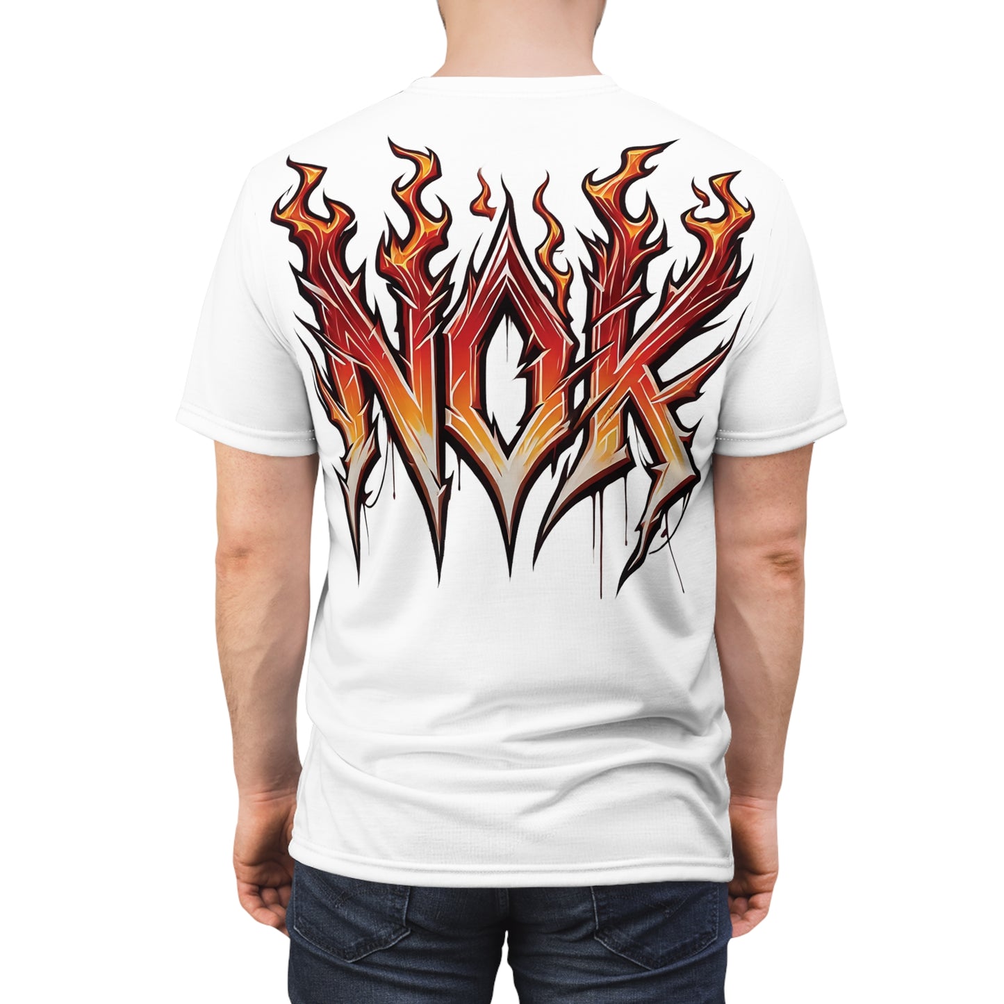 Back view of the NOK FIRE T-Shirt showcasing a large NOK logo with fiery, bold flames in streetwear style.