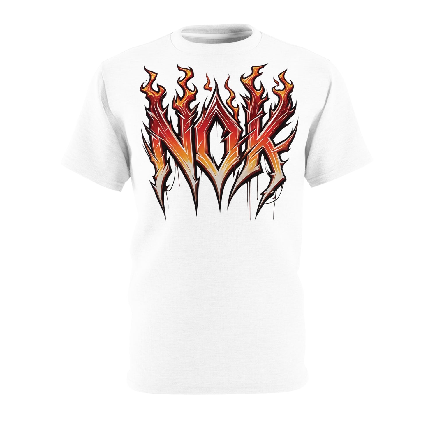 Front view of the NOK FIRE T-Shirt featuring a bold NOK logo with flame accents on a white base.