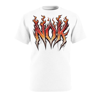 Front view of the NOK FIRE T-Shirt featuring a bold NOK logo with flame accents on a white base.