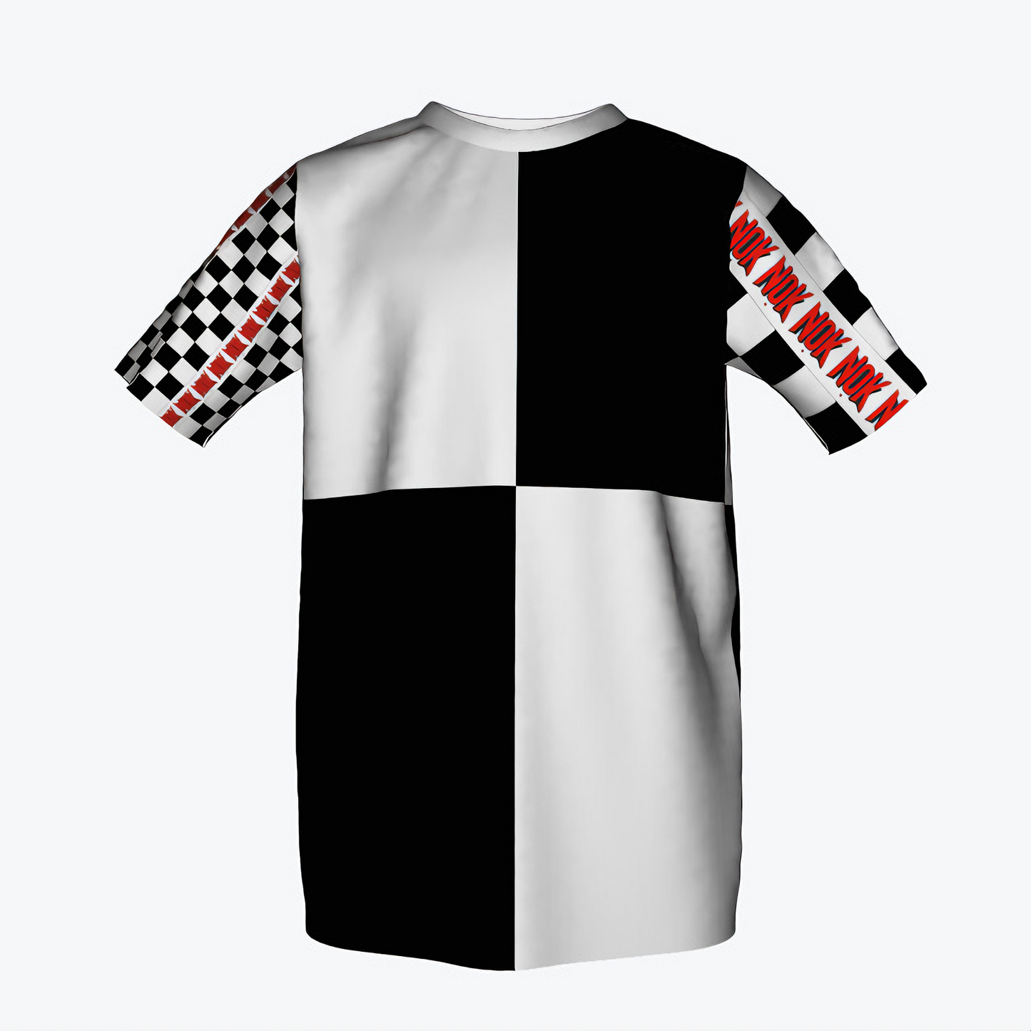 Kids' black and white patchwork T-shirt with a checkerboard pattern on the sleeves and red NOK graphics. Unique design elements create a modern, stylish look perfect for young fashion enthusiasts.