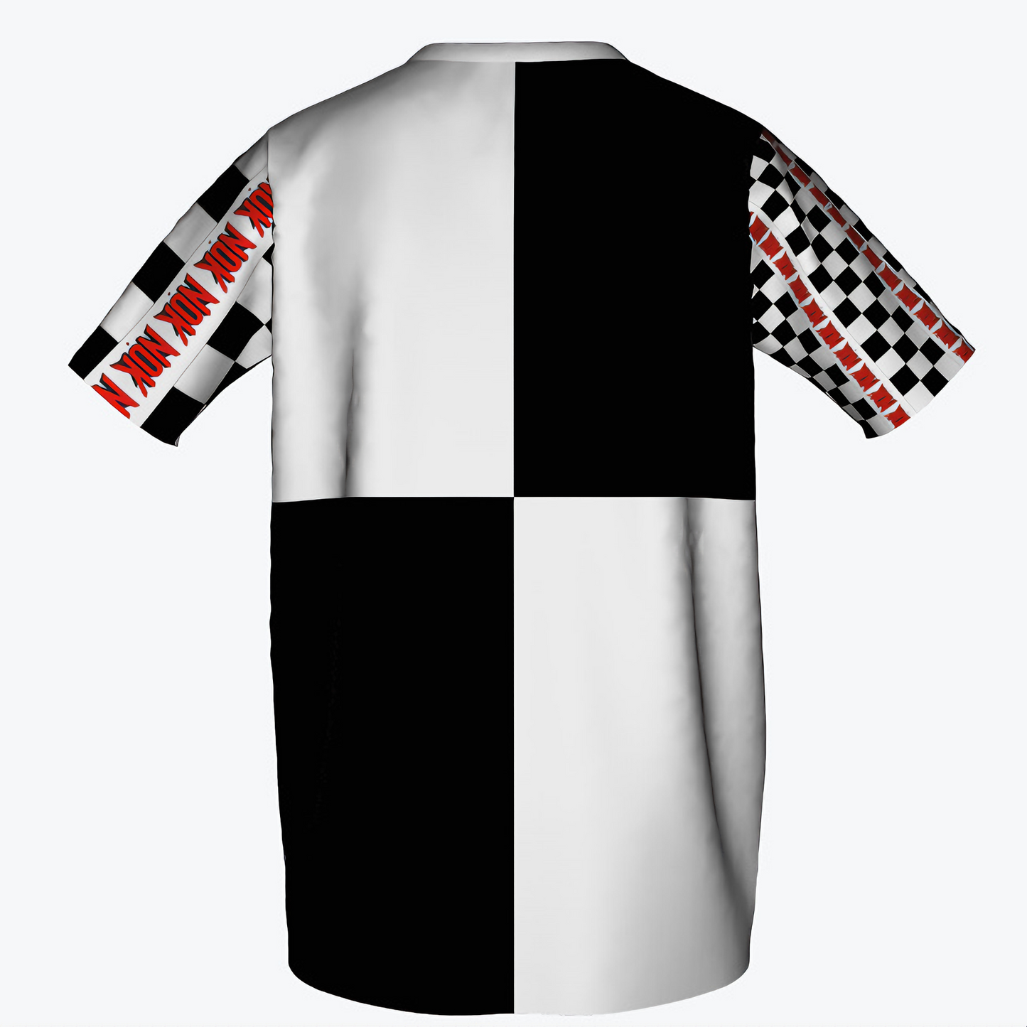 Kids' black and white patchwork T-shirt with a checkerboard pattern on the sleeves and red NOK graphics. Unique design elements create a modern, stylish look perfect for young fashion enthusiasts.