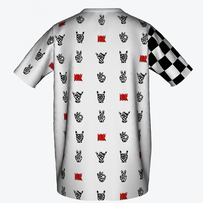 NOK Kids' Peace and Rock Hand Signs Graphic T-Shirt with Checkerboard Sleeve