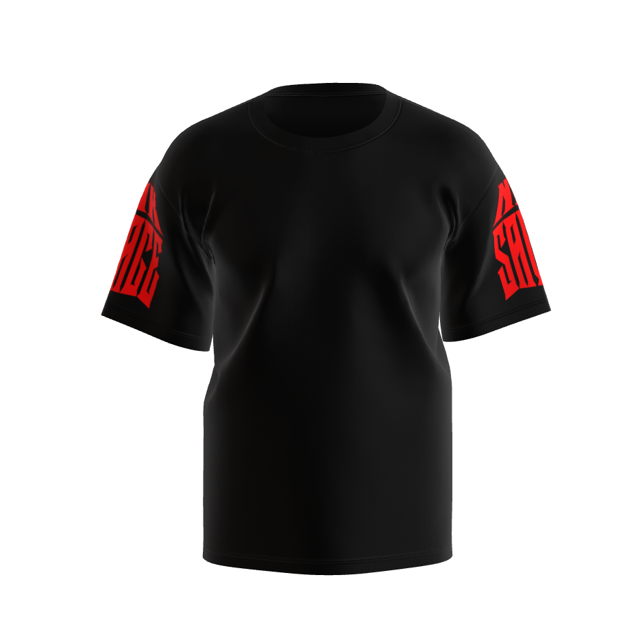 Front view of NOK Savage Adult T-shirt in black with fierce NOK Savage logo on sleeves and the text "Unleash Your Instincts.